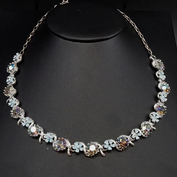 Unbranded Jewelry - Vintage AB Rhinestone Flower Necklace Blue Enamel Silver Tone Adjustable